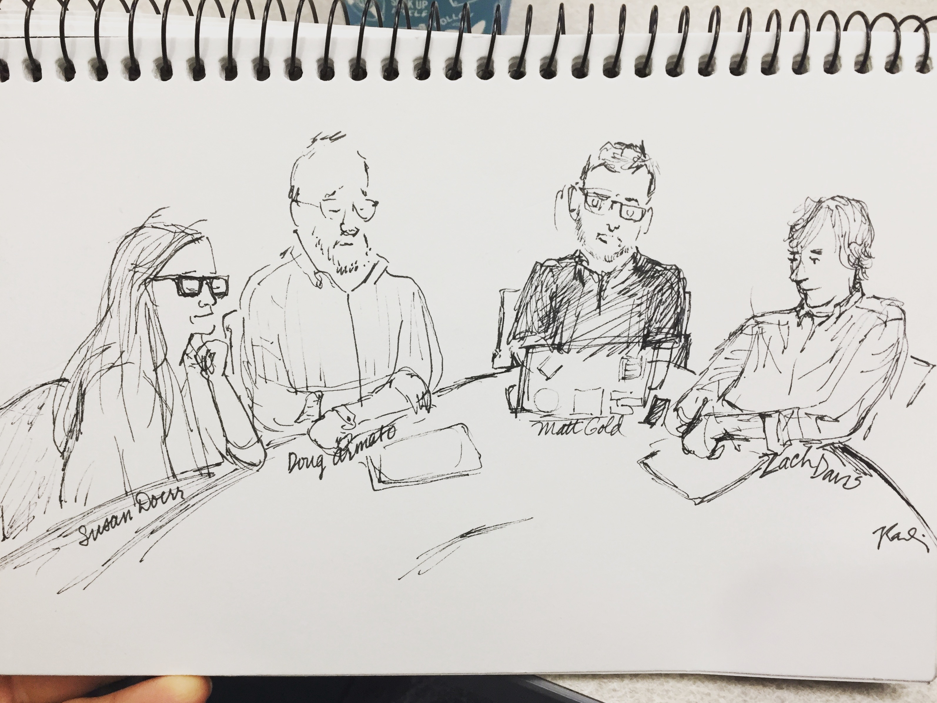 a live sketch of the Manifold team at the UMN library meeting—Susan Doerr, Doug Armato, Matt Gold, and Zach Davis.