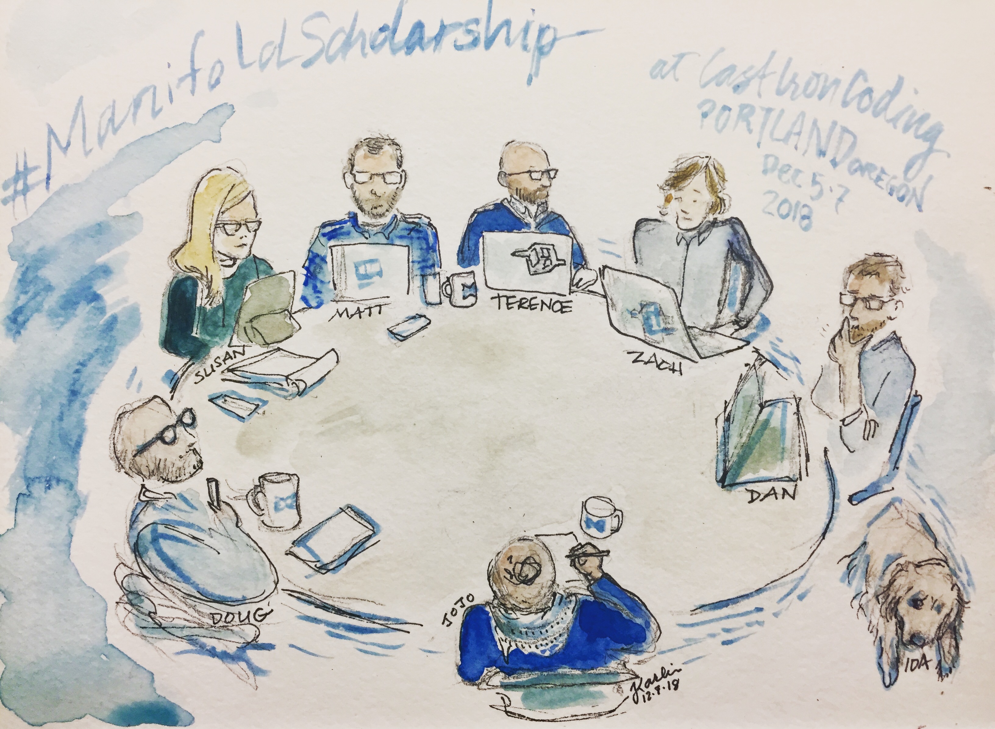 pen and watercolor illustration of Manifold team around a table
