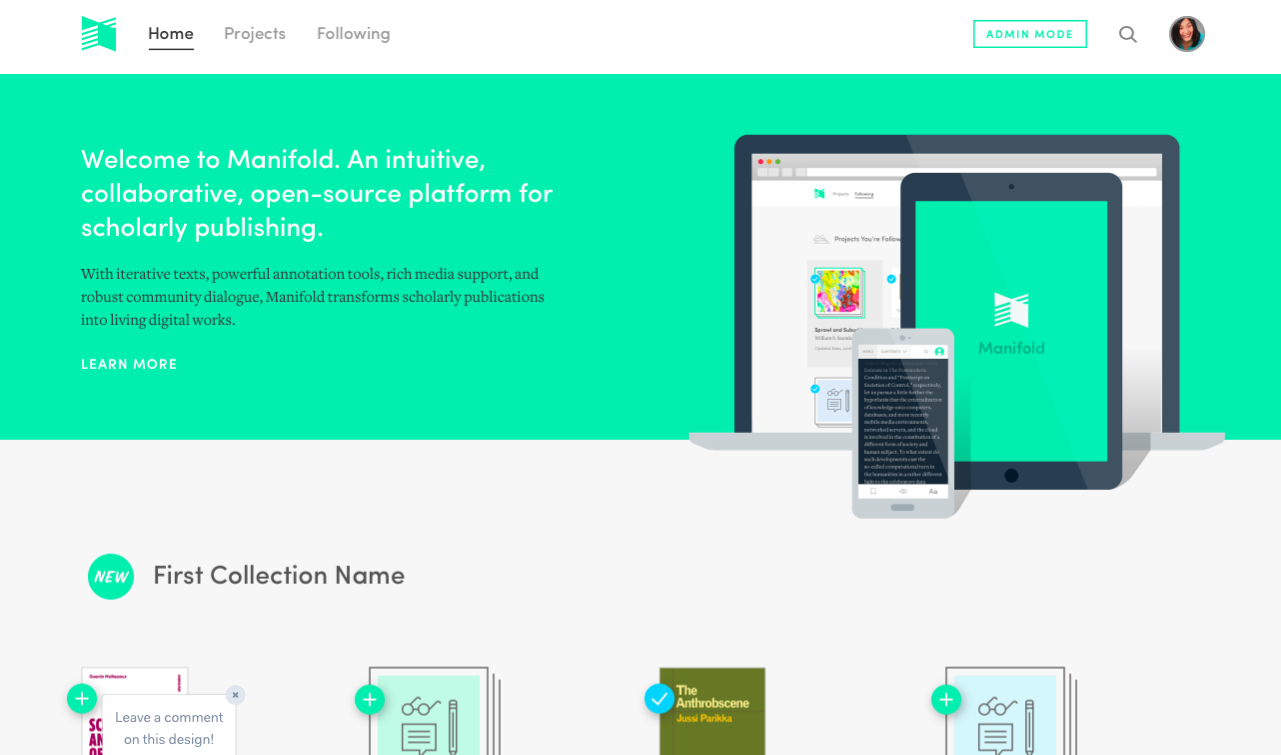 Display of Manifold homepage with landing block plus first collection block