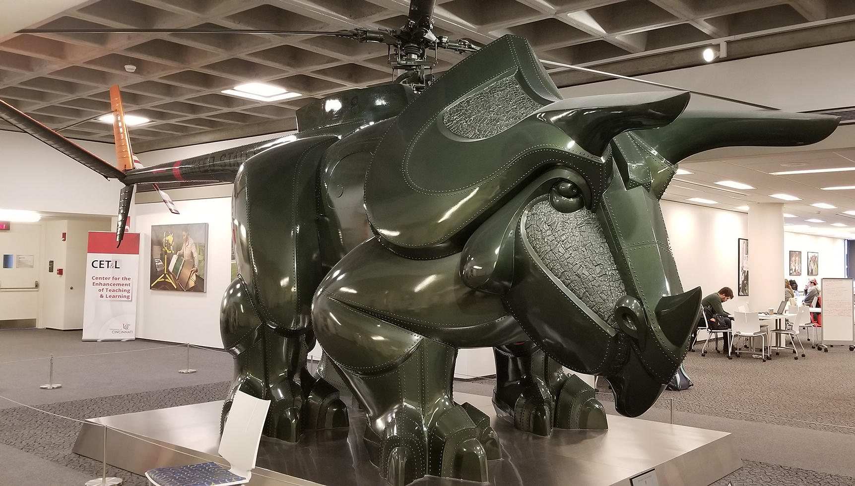 Patricia A. Renick’s 1977 sculpture to commemorate the US Bicentennial, Triceracopter: The Hope for the Obsolescence of War, is housed in the library just steps from where the press offices will soon be.