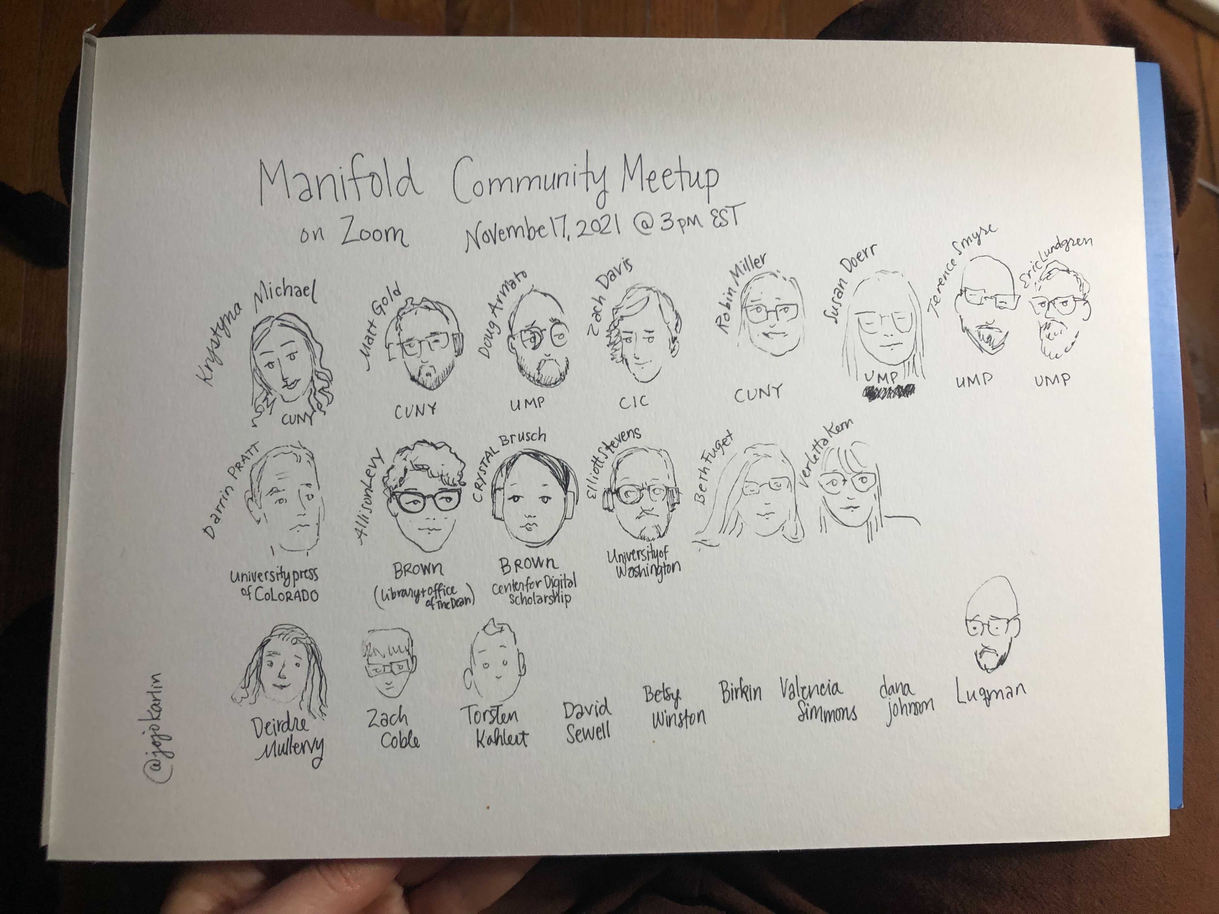 Hand-drawn portraits of the Manifold team members who presented.