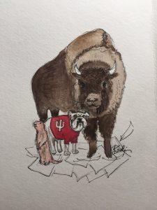 Watercolor illustration of Indiana non-mascots, a bulldog and a bison, with UMinn gopher standing on a stack of papers