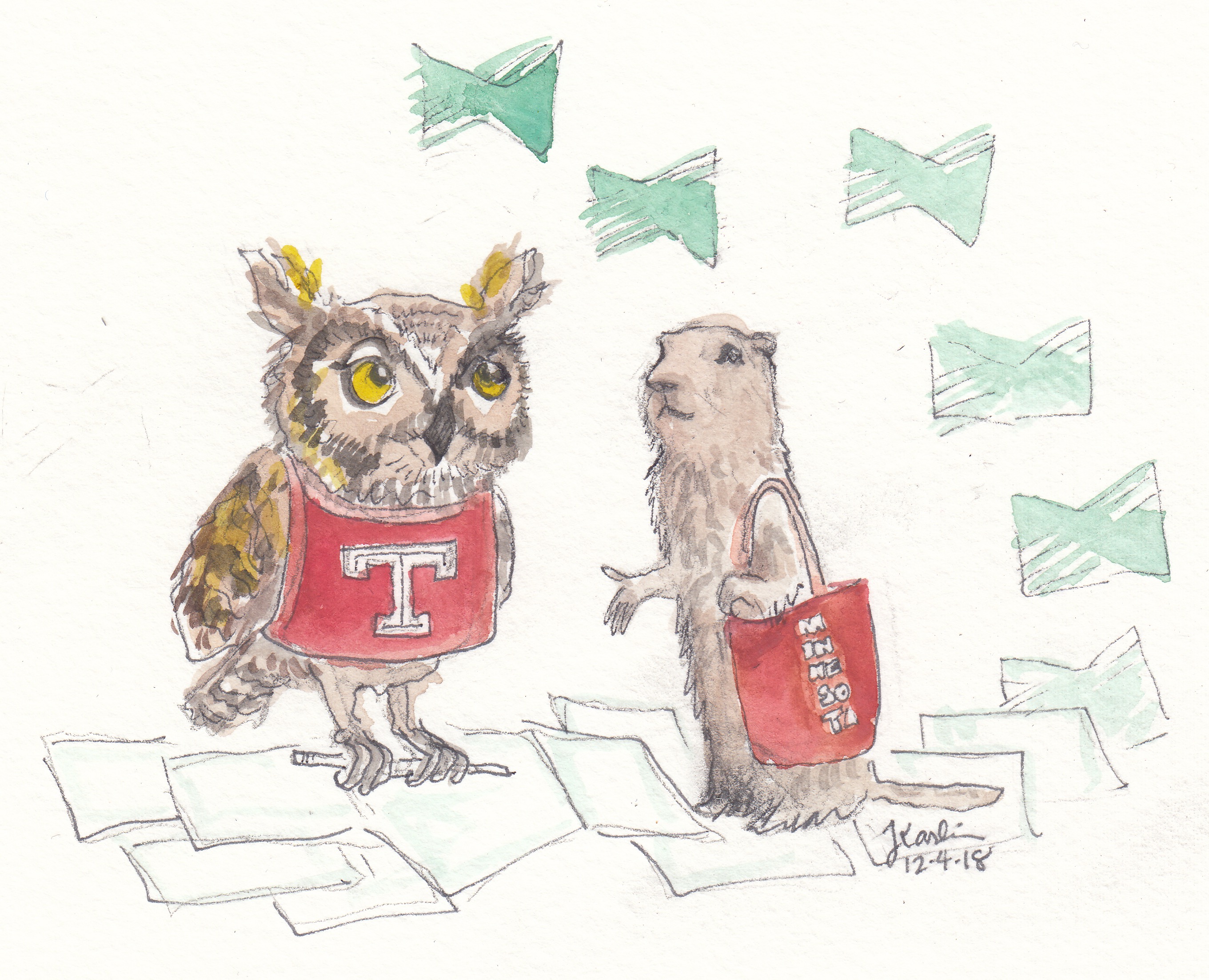 Illustration of an owl wearing a Temple University logo and a gopher with a UMinn Press tote as papers around them transform into Manifold logos