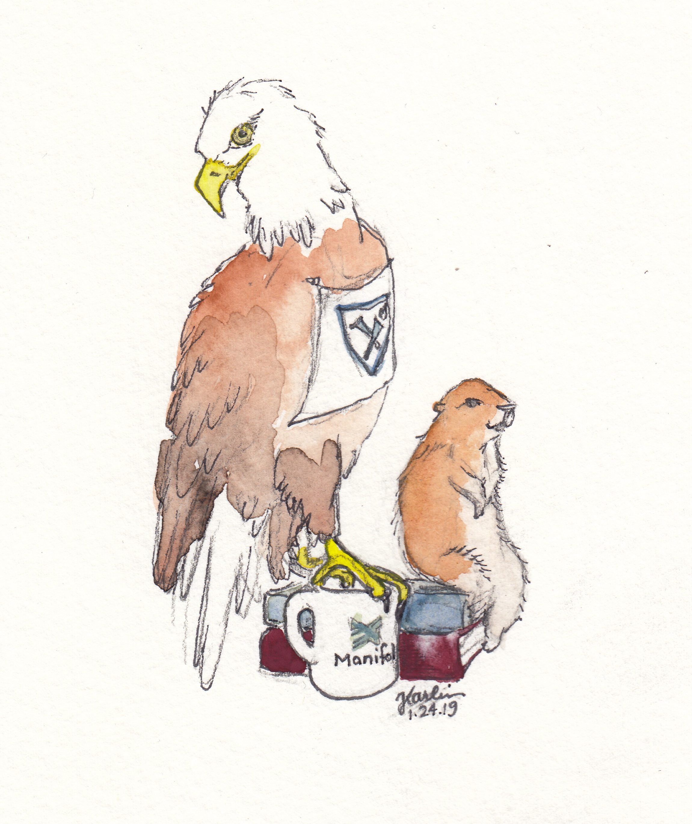 watercolor illustration of Emory eagle and UMinn gopher with books and Manifold mug