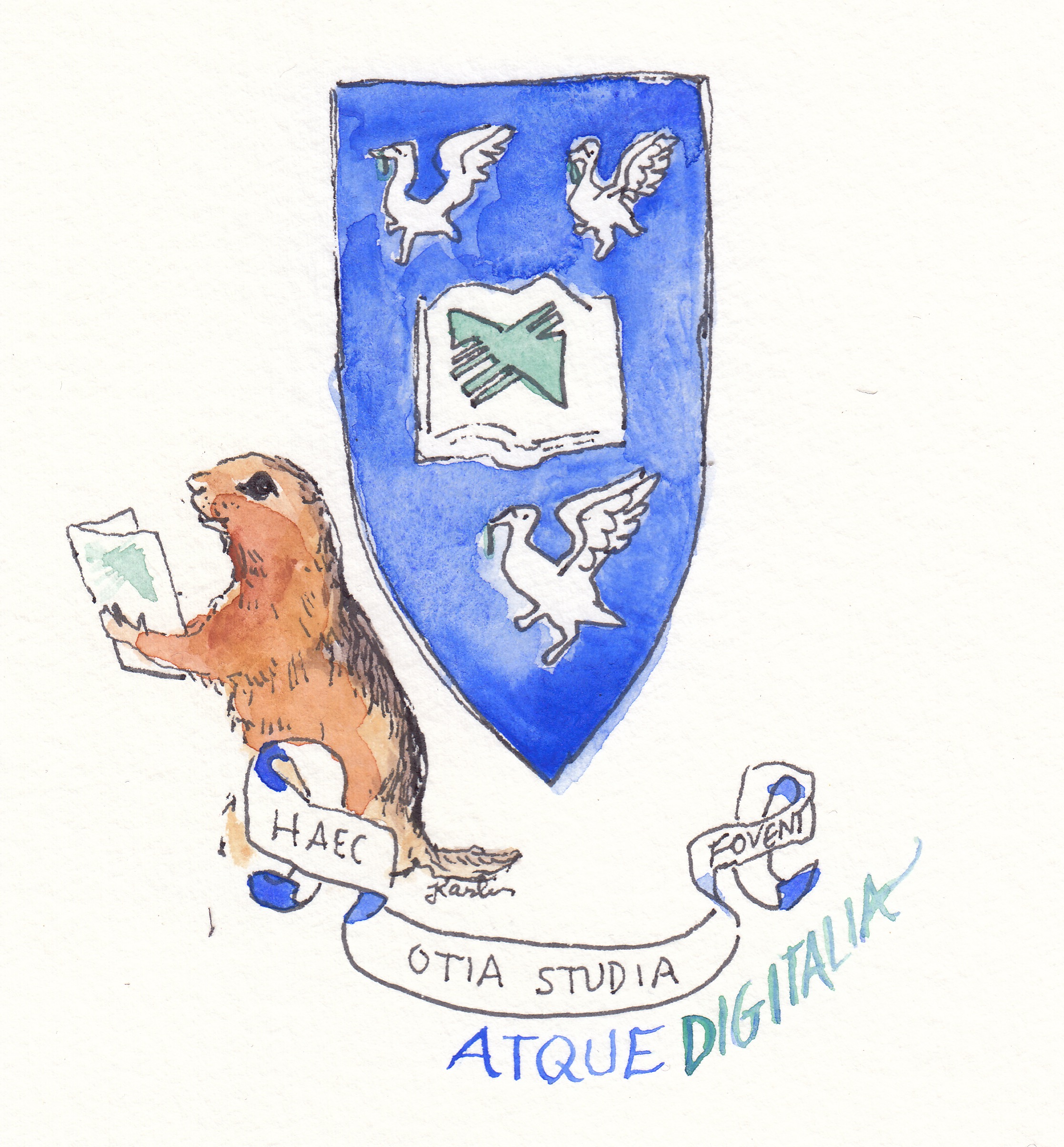 cartoon of gopher holding Manifold book in front of Liverpool U crest and motto