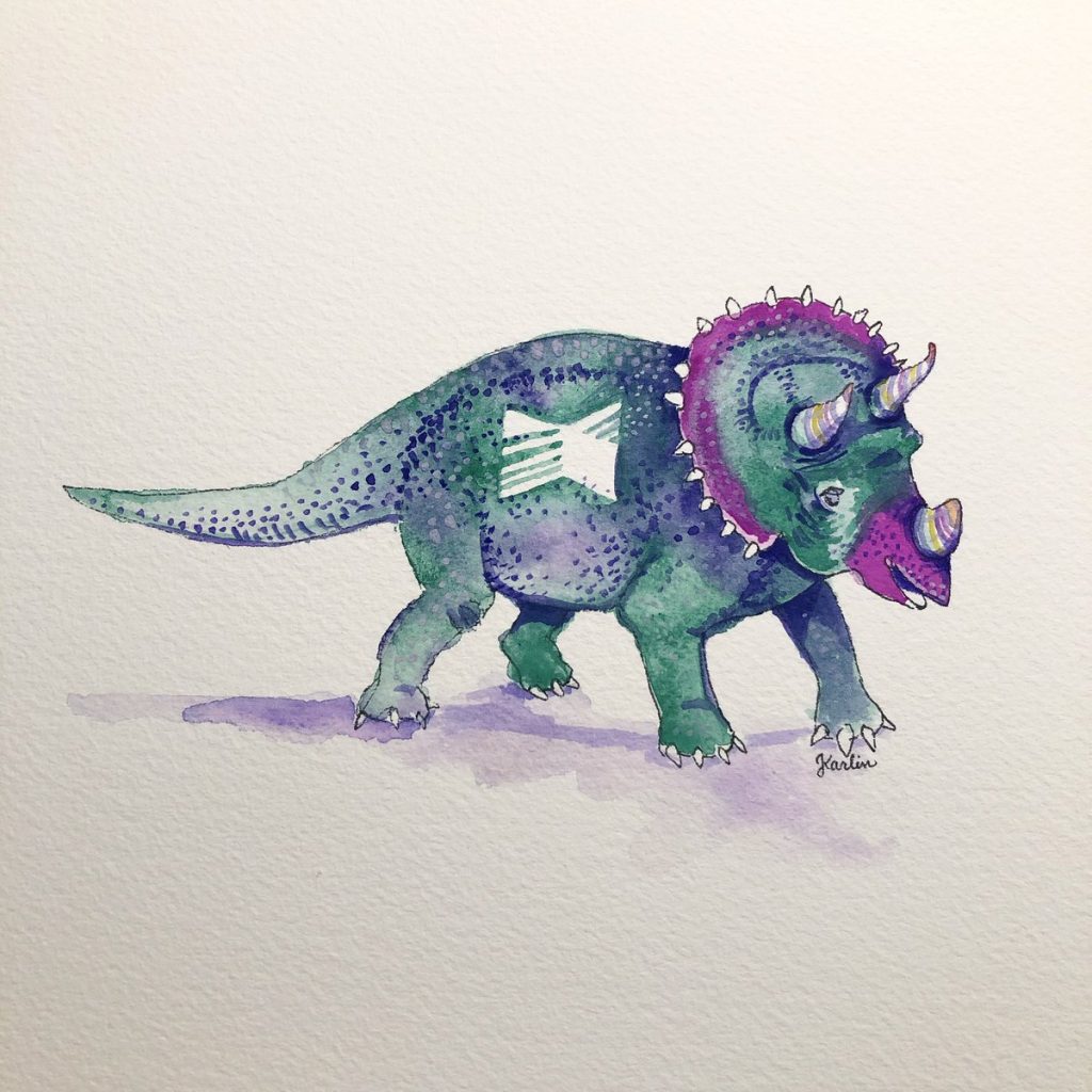 watercolor illustration of a triceratops dinosaur with a Manifold logo on its side
