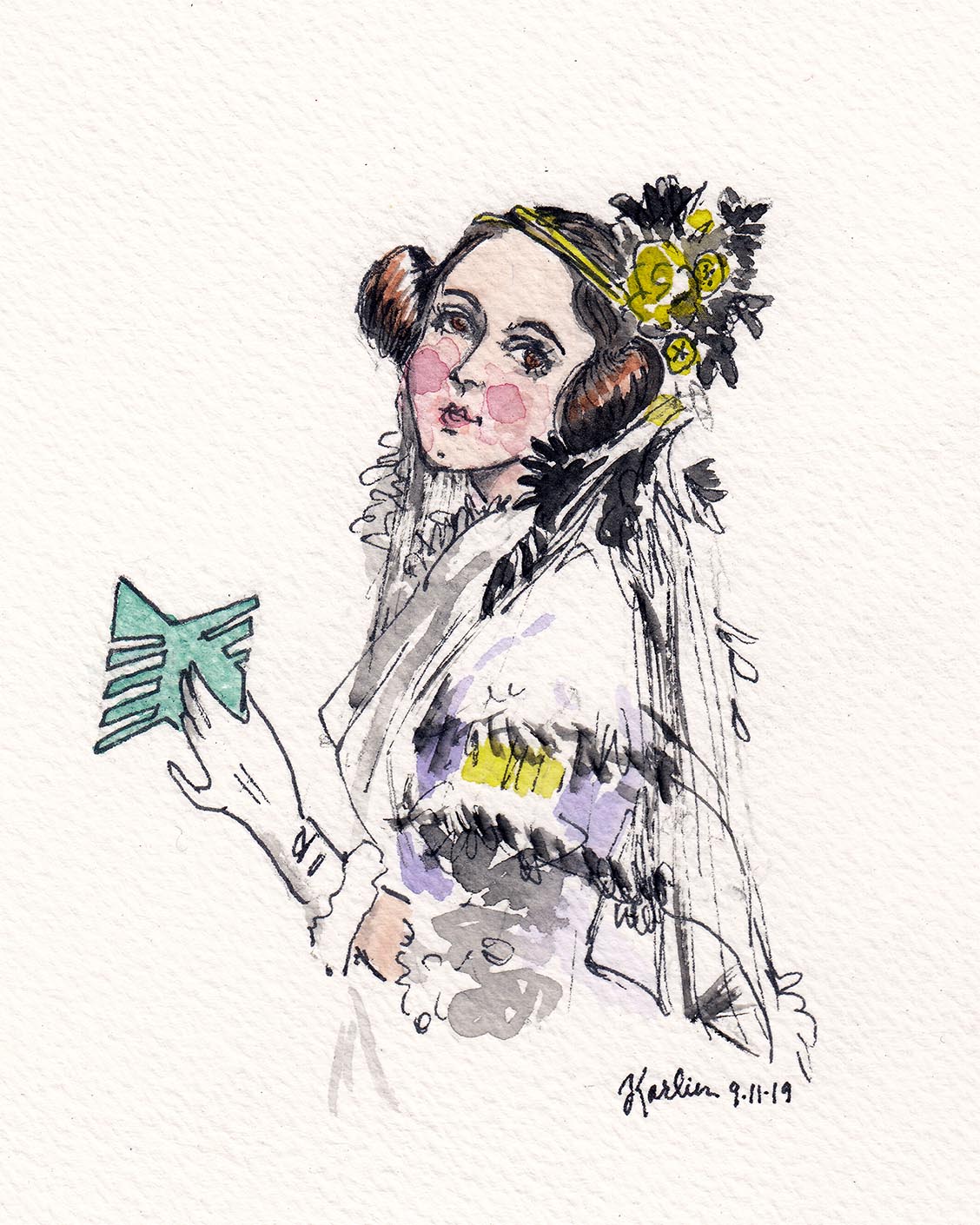 watercolor illustration of Ada Lovelace holding Manifold logo