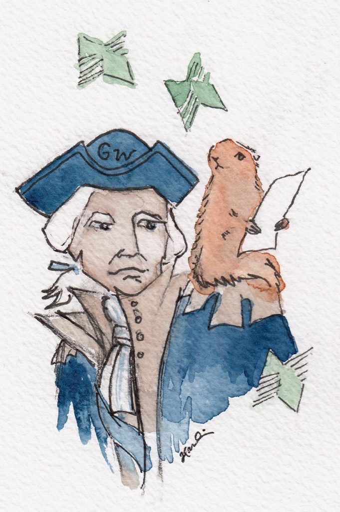 Image of George Washington in a colonial military uniform, looking over at a a gopher sitting on his should and Manifold logos floating in the air around them