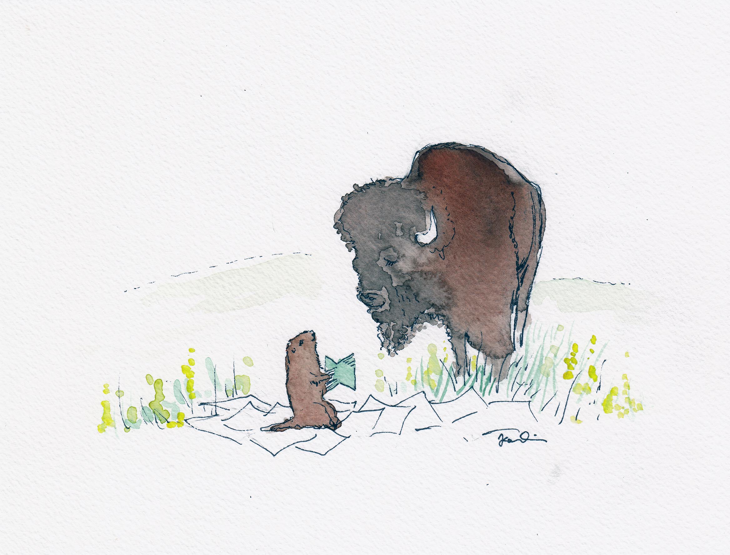 watercolor illustration of a buffalo staring down at a cute gopher sitting in the grass amid blank pages of paper, holding the Manifold logo