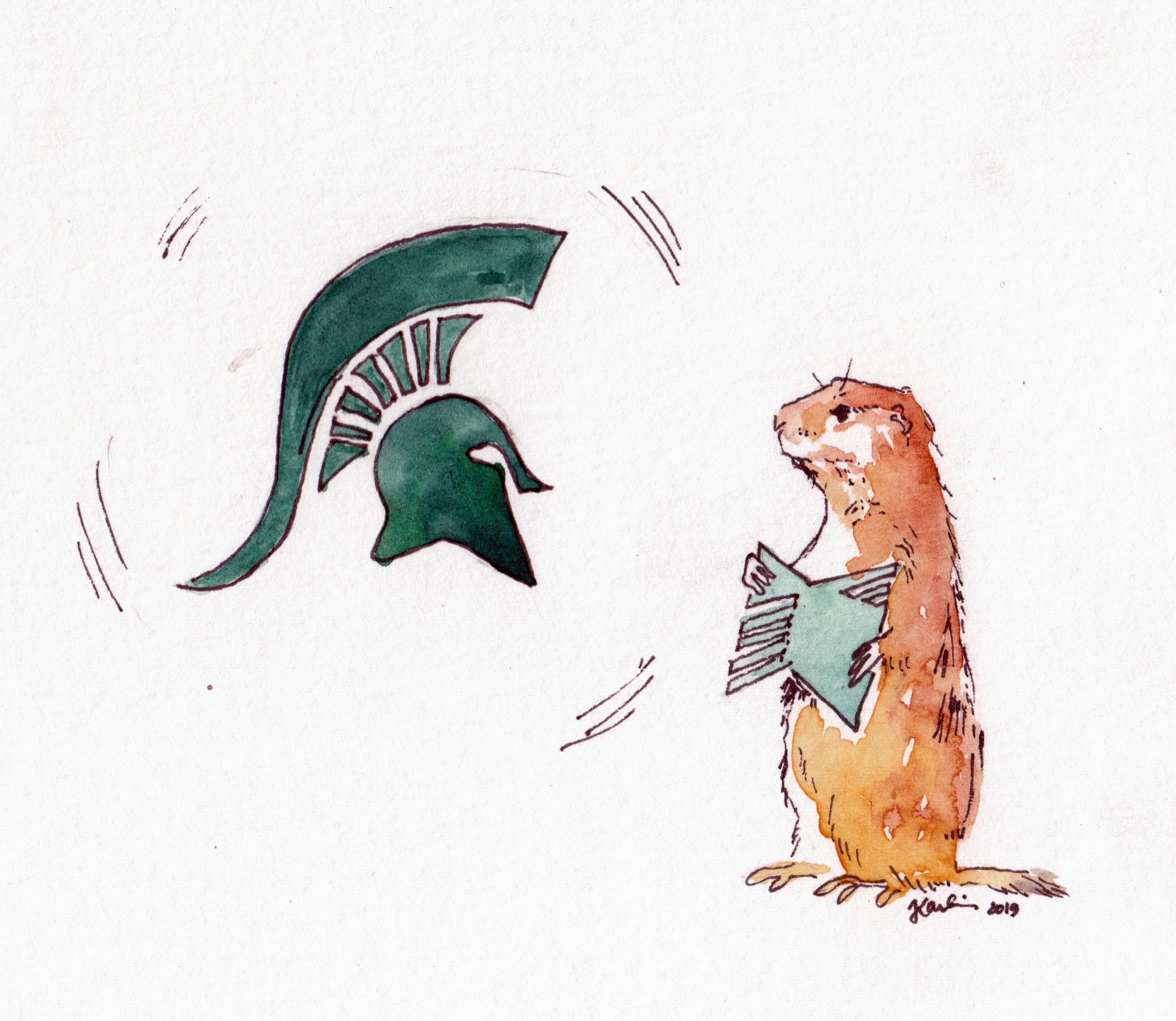 watercolor illustration of a Michigan State University Spartan helmet logo suspended in midair, facing a gopher holding the Manifold logo
