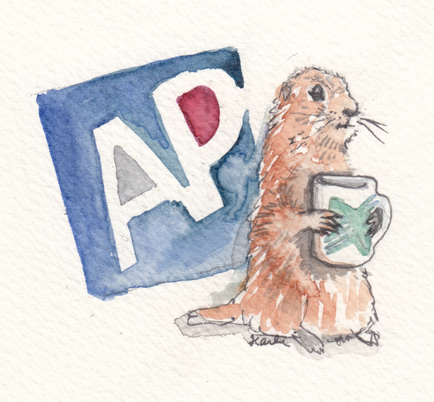 Arte Público Press logo and watercolor gopher holding Manifold mug