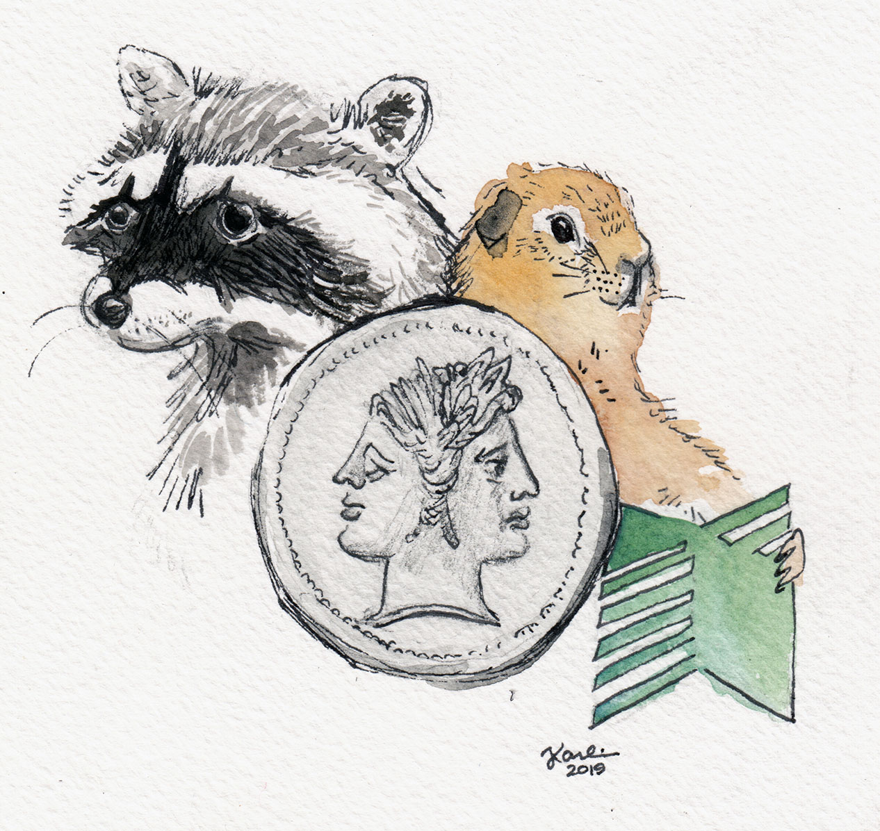Watercolor illustration of raccoon and gopher imitating Lapham's logo Janus