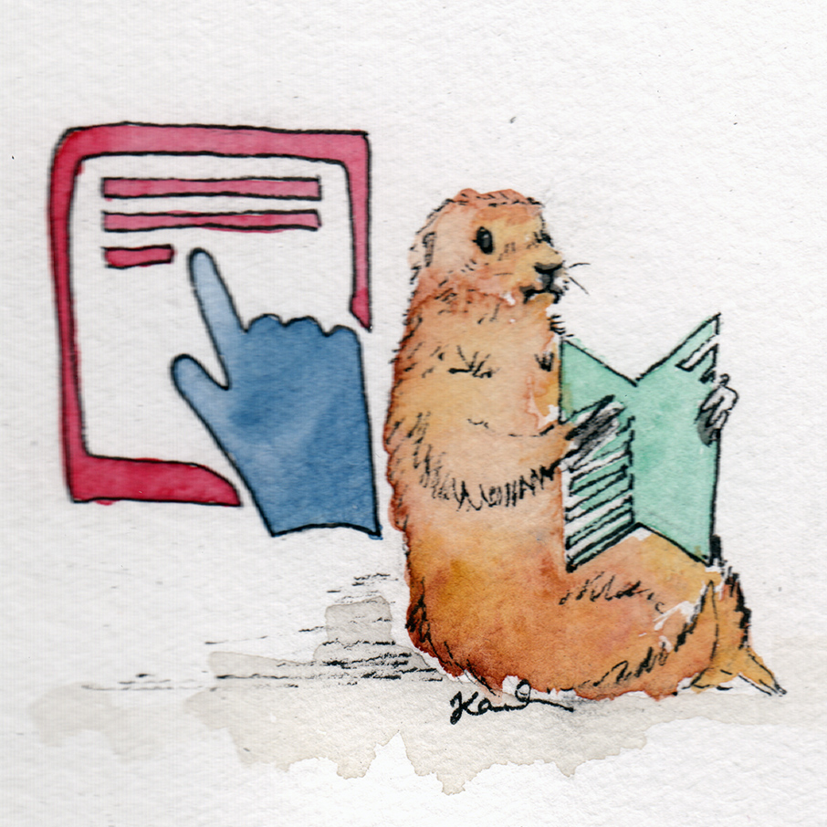 Illustration of a gopher reading a book in the geometric shape of the Manifold logo with a pointer superimposed on an iPad behind