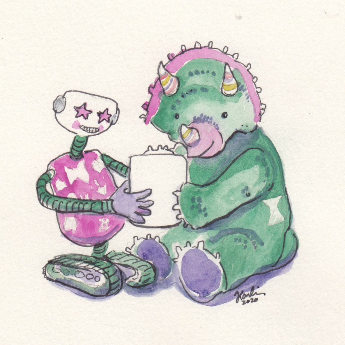 Illustration of a colorful robot looking over a tablet device with a dinosaur. Illustration credit Jojo Karlin 2020.